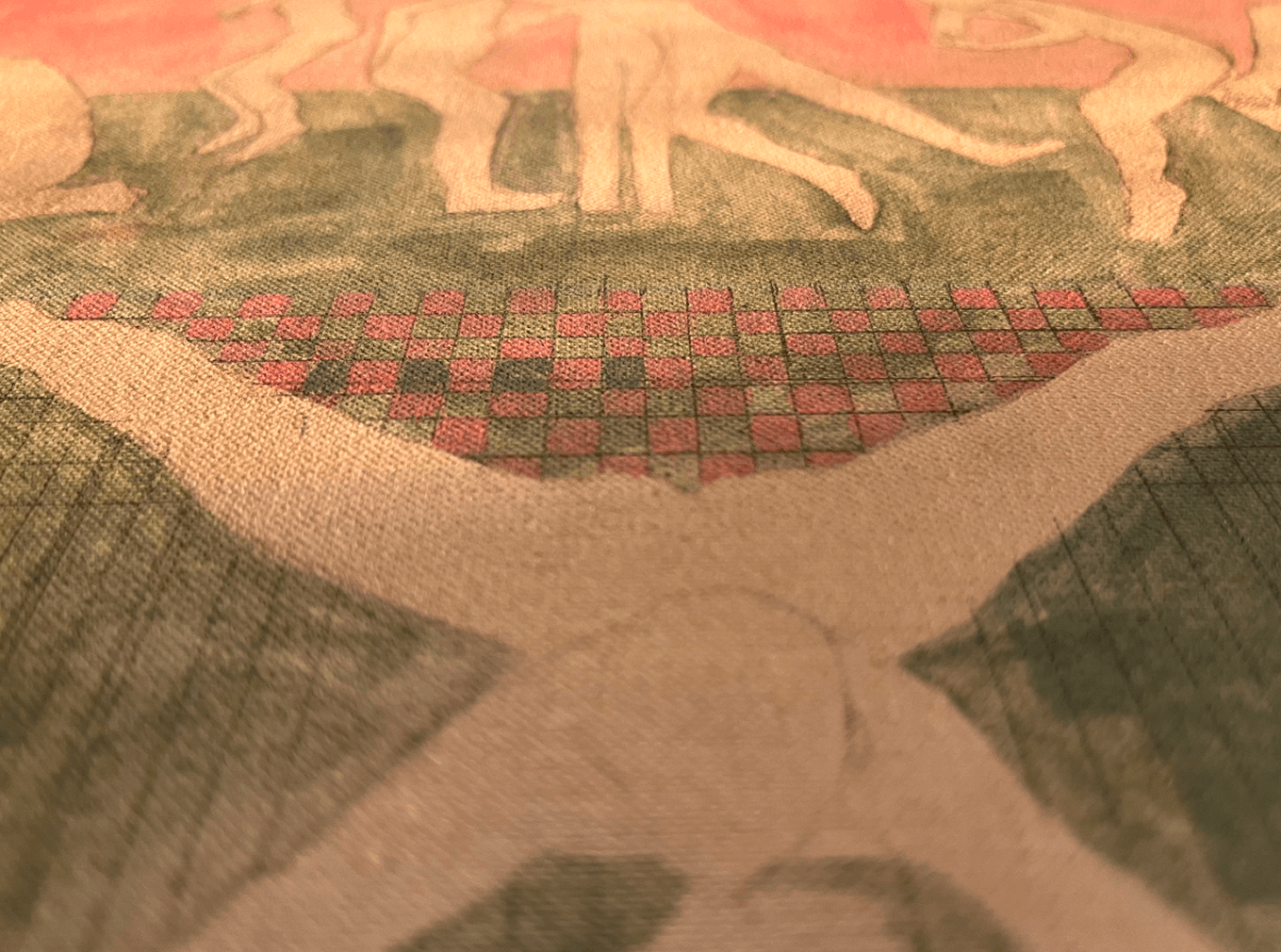 Warm-toned painting with figures and a patterned crossing