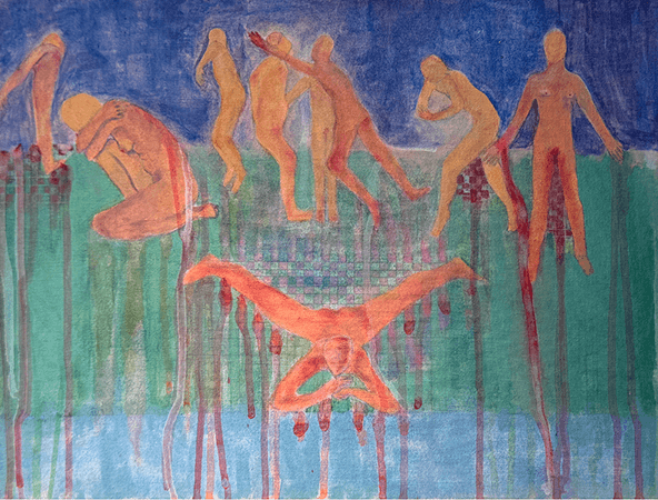 Figures in motion against a blue and green ground
