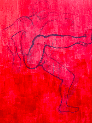 Close view of a reclining figure in a vivid red painting