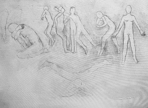 Pencil study of figures on a textured canvas